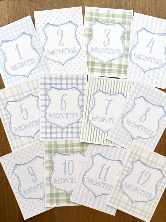 READY TO SHIP Baby Boy Milestone Cards, Watercolor Gingham, Linen Texture Photo Props