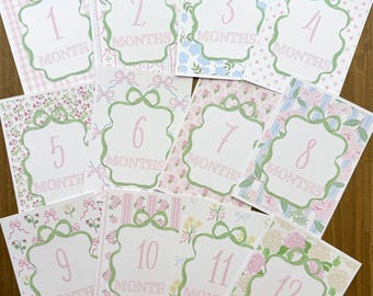 Tarjetas de hitos para bebé niña, acuarela floral rosa, accesorios fotográficos con textura de lino, listas para enviar