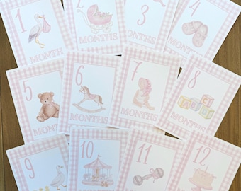 READY TO SHIP Baby Girl Milestone Cards, Pink Gingham Watercolor, Linen Texture Photo Props