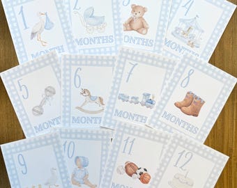 READY TO SHIP Baby Boy Milestone Cards, Watercolor Gingham, Linen Texture Photo Props