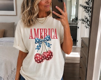 Vintage America Shirt, American Flag, 4th Of July Shirt, Fourth Of July, Patriotic USA Gift, Women's Cherries Tee, Comfort Colors, USA Shirt