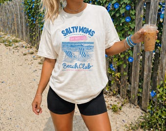 Salty Moms Beach Club Graphic Tee, Oversized Comfort Color Tshirt, Summer Beach Shirt for Women