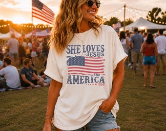 Comfort Colors® Retro USA 250th Year Oversized Tshirt, Patriotic Christian Tee, She Loves Jesus And America Too Shirt, 4th of July Top