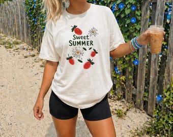 Sweet Summer Strawberry Shirt, Cute Coastal Summer Tee, Comfort Colors Shirt, Beach Vacation Tee, Cottagecore Graphic Tee for Women