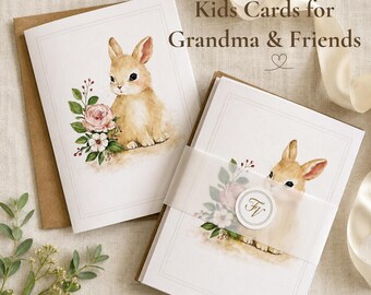 Grußkarten Kinder Hase, Aquarell Blumen (4er-Set mit Umschlägen)
