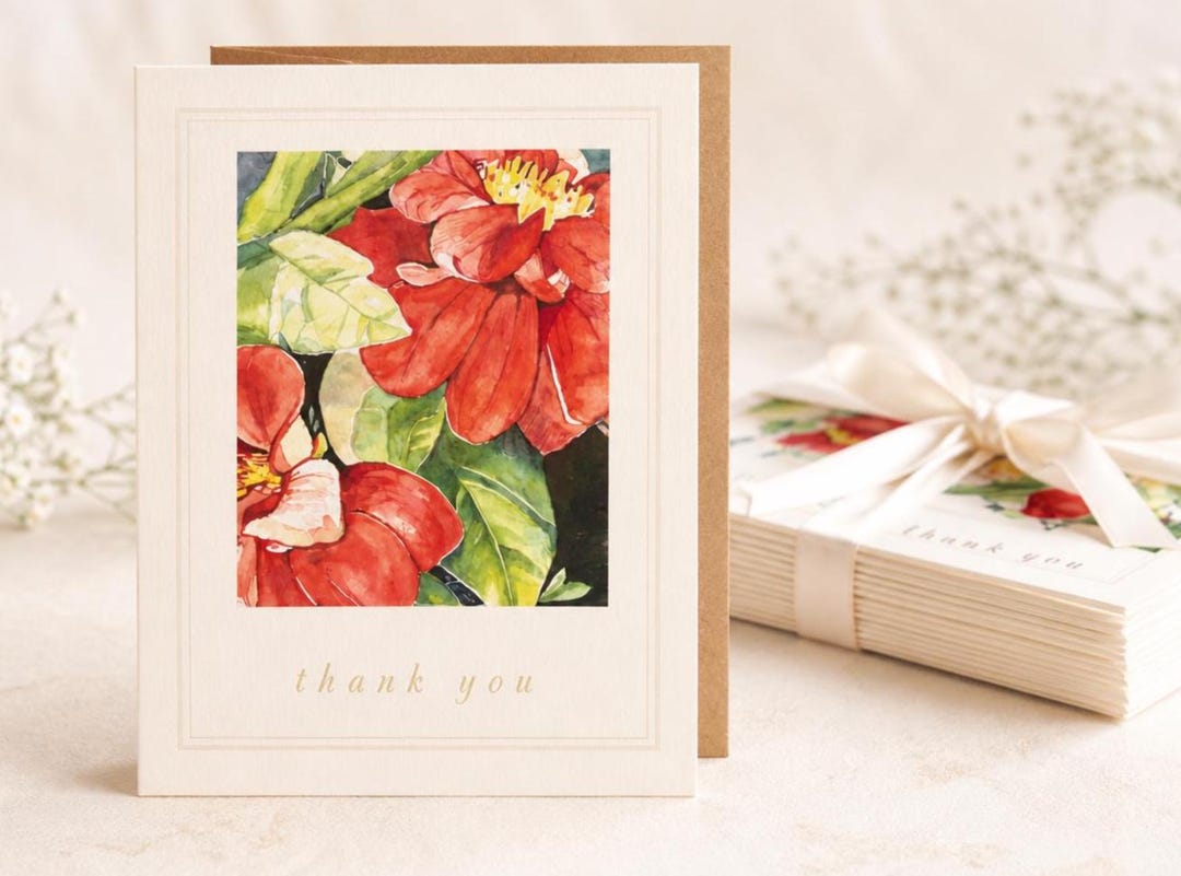 Red Floral Thank You Card Botanical Thank You Note Blank Inside Floral ...