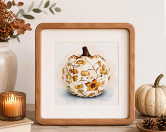 Herbst Regal Dekor: Kleiner Kürbis Druck - in Nussbaum oder Teakholz Rahmen