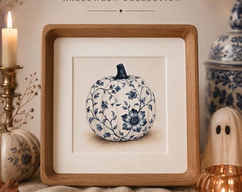 Kürbis Wandkunst: Blaues Chinoiserie Design - Gerahmt oder Druck, Thanksgiving Dekor
