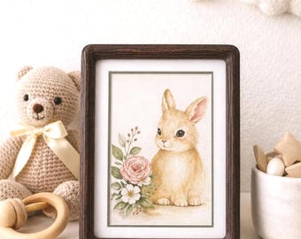 Gerahmtes Kaninchenbild, Aquarell Kinderzimmer-Andenken, Eichenholzrahmen