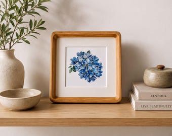 Gerahmte Hortensie Wandkunst: Blaues Aquarell - Kleines Regal Dekor