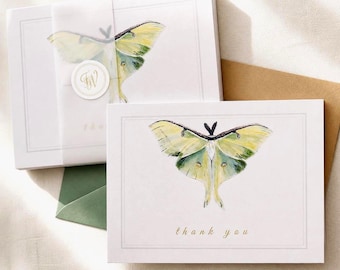Juego de tarjetas de agradecimiento Luna Moth Mini Acuarela Arte Botánico Tarjetas de Notas en Blanco Juego de Tarjetas Premium