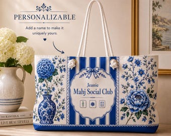Personalisierte Mahjong Weekender Einkaufstasche | Blaue Chinoiserie Floral Travel Tote