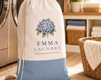 Hydrangea Laundry Bag - Personalized Cotton with Drawstring Closure