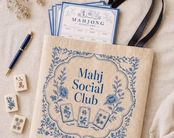 Blaue Chinoiserie Mahjong Einkaufstasche | Mahjong Geschenk für Frauen | Spiel Nacht Tasche | Blau Weiß Gewebte Tragetasche