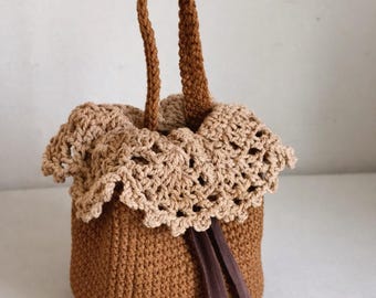Handgefertigte Häkelanleitung Braune Spitze Handtasche | Vintage Style Strick-Einkaufstasche | Boho Schultertasche | Tägliche Tragetasche