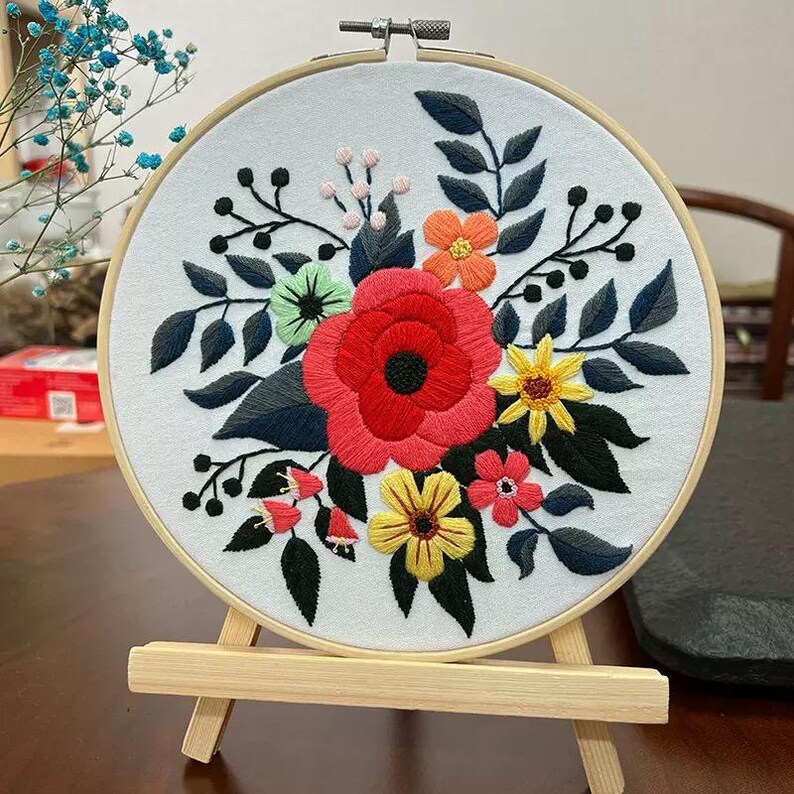 Hand Embroidery Floral Hoop Art, Botanical Wall Decor, Framed Flower ...