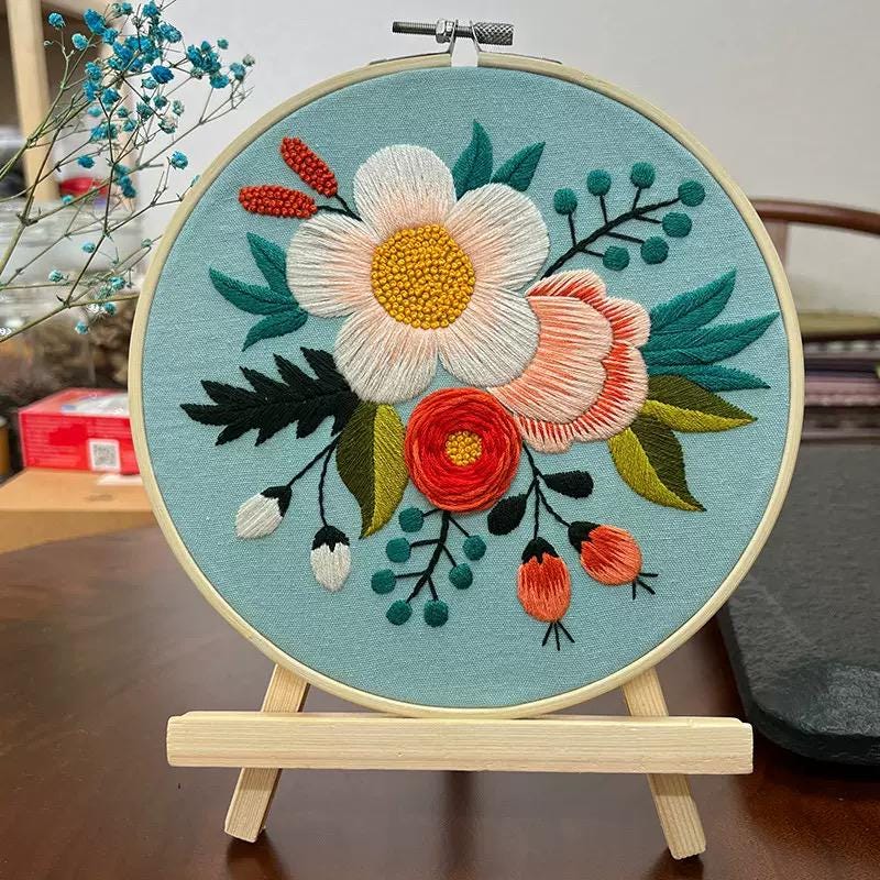 Hand Embroidery Floral Hoop Art, Botanical Wall Decor, Framed Flower ...