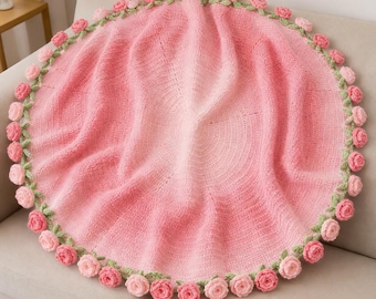 Handgemachte gehäkelte Rose-Decke, weicher rosa floraler Überwurf, gemütliches, elegantes Wohndekor (120 cm)