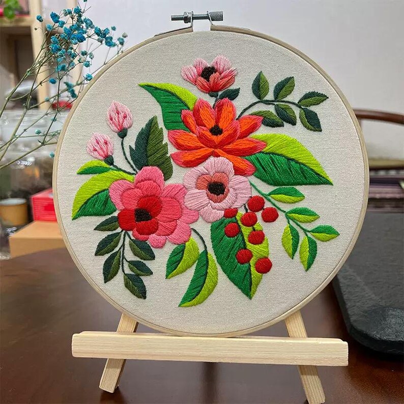 Hand Embroidery Floral Hoop Art, Botanical Wall Decor, Framed Flower ...