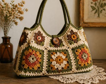Benutzerdefinierte handgemachte Garn Oma Quadrat Handtasche | Vintage häkeln Boho Tasche | Umweltfreundliche Blumenwolltasche | Personalisiertes Geschenk für sie