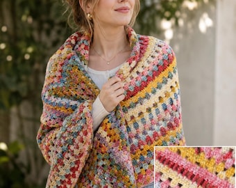 Bunter Häkelschal, Handgefertigter Oma-Stich-Schal, Kuscheliges Boho-Deckentuch, weiches Cottagecore-Geschenk für Frauen & Mütter