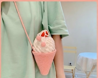 Handgefertigte Häkeltasche Eistüte - Niedliche Kawaii Mini Crossbody Geldbörse, weiches Garn Dessert Design, lustiges Geschenk für Mädchen & Frauen
