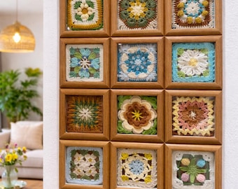 Handmade Grandma Square häkeln Rahmen Kunst | Boho Wanddekor | Gestrickte Textile Wandbehang | Home Ästhetisches Geschenk
