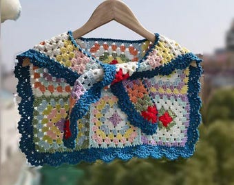 Handgemachte Häkelschal Weste - Bunte Oma Quadrat Schultertuch, Boho Sommer Top, Festival Outfit, Geschenk für Sie