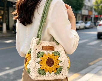 Handgemachte häkeln Sunflower Tragetasche - Bunte Baumwollumhängetasche, Boho Chic, Sommermarkt, einzigartiges Geschenk für Frauen