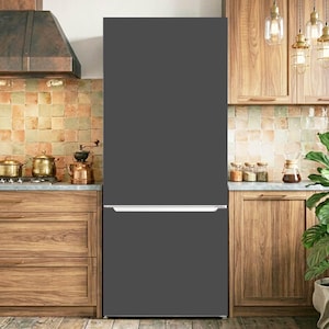 May include: A tall, matte dark gray refrigerator with a bottom freezer compartment. The appliance features a sleek, solid-colored exterior with a horizontal silver handle separating the upper refrigerator section from the lower freezer drawer.