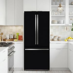 K&ouml;nnte beinhalten: Ein mattschwarzer French-Door-K&uuml;hlschrank mit vertikalen silbernen Griffen an den oberen T&uuml;ren und einem horizontalen silbernen Griff an der unteren Gefrierschublade, platziert zwischen wei&szlig;en K&uuml;chenschr&auml;nken und einer wei&szlig;en Arbeitsplatte.
