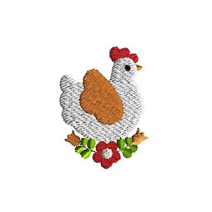 May include: White embroidered chicken with a red comb and brown wings, standing on green leaves with red flowers.