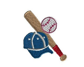 Mini Baseball Bat Hat and Ball Machine Embroidery Design-INSTANT DOWNLOAD-3 sizes