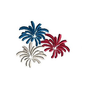 May include: Three stylized fireworks in red, white, and blue. The fireworks are arranged in a cluster.