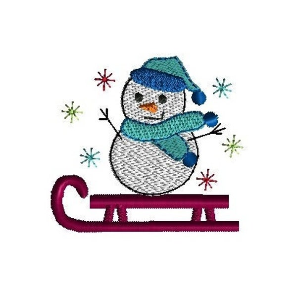 Mini Snowman on Sled Machine Embroidery Design-INSTANT DOWNLOAD-3 sizes