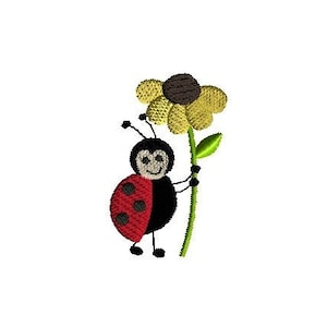 May include: An embroidered design of a cartoon ladybug holding a yellow flower with a brown center. The ladybug has a red and black body, black antennae, and is smiling. The flower has green leaves and stem.
