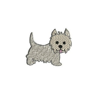 May include: A white and gray cartoon Westie dog with a pink tongue sticking out.