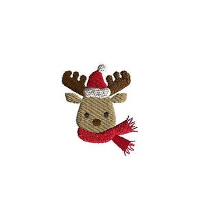 May include: A brown reindeer with a red Santa hat and a red scarf. The reindeer has a cute cartoon face.
