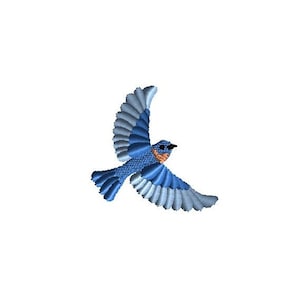May include: An embroidered patch of a bluebird in flight, featuring shades of bright blue, light blue, and white thread. The bird is depicted with wings spread wide, a small black eye, and a light orange patch on its chest area.