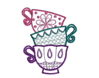 Stacked Teacups Quick Stitch Machine Embroidery Design-INSTANT DOWNLOAD