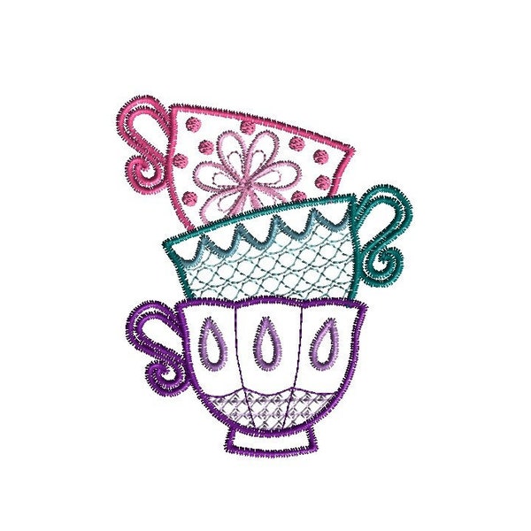 Stacked Teacups Quick Stitch Machine Embroidery Design-INSTANT DOWNLOAD