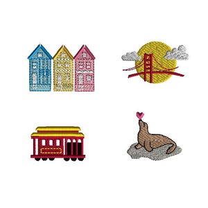 May include: Embroidered patches featuring San Francisco landmarks. Includes colorful houses, the Golden Gate Bridge with a yellow sun, a cable car, and a sea lion with a pink heart.