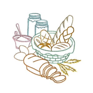 Può includere: Un disegno ricamato con un cestino di pane, una pagnotta a fette, uova, barattoli e una ciotola di farina. Il cestino del pane comprende una baguette e una treccia. La tavolozza dei colori è principalmente marrone, bianco e blu.