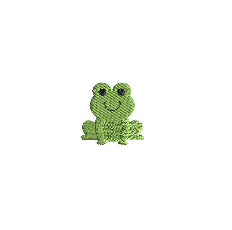 May include: A green frog with a smiling face and black eyes. The frog is sitting on its hind legs with its front legs outstretched.