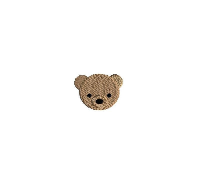 May include: A brown bear face with black eyes and a black nose.