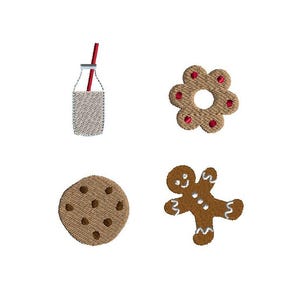 May include: An embroidered design featuring a milk bottle with a red straw, a flower-shaped cookie with red accents, a chocolate chip cookie, and a gingerbread man. The designs are in shades of brown, beige, and red on a white background.