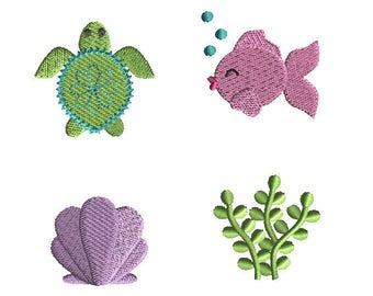 Mini Sea (sea turtle, seashell, seaweed, fish) Machine Embroidery Design Set-INSTANT DOWNLOAD