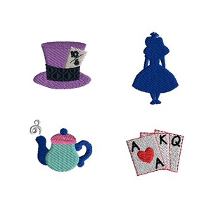 不思議の国のアリス風ミニ機械刺繍デザインセット - 即時ダウンロード