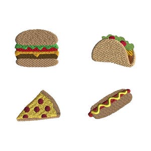Może przedstawiać: Cztery haftowane obrazy popularnych potraw z fast foodów: hamburger, taco, kawałek pizzy i hot dog.