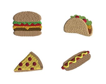 Mini Fast Food (hamburger, hot dog, pizza, taco) Machine Embroidery Design Set-INSTANT DOWNLOAD